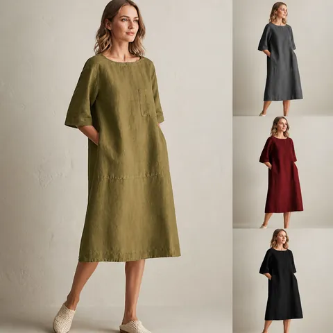 Women Casual Cotton Linen Dress Round Neck Half Sleeve Midi A-Line Dress Solid Color Loose Pockets Commuter Fashion Top