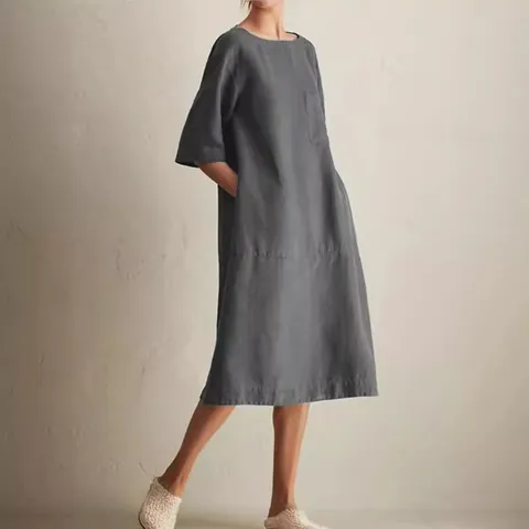 Women Casual Cotton Linen Dress Round Neck Half Sleeve Midi A-Line Dress Solid Color Loose Pockets Commuter Fashion Top