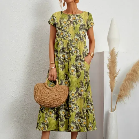 Women Bohemian Floral Print Cotton Linen Maxi Dress Loose Round Neck A-Line Dress with Pockets Summer Casual Vacation Outfits