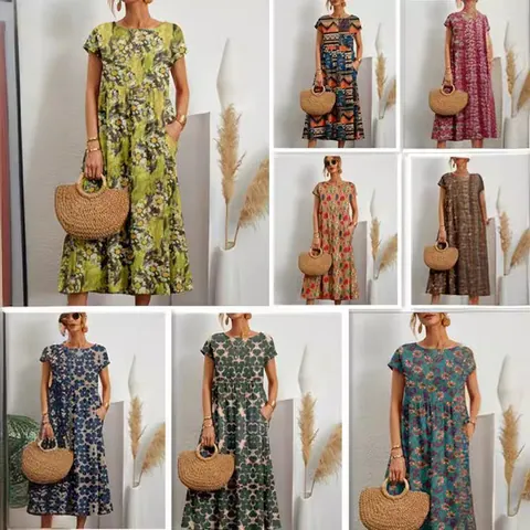 Women Bohemian Floral Print Cotton Linen Maxi Dress Loose Round Neck A-Line Dress with Pockets Summer Casual Vacation Outfits