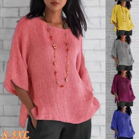 Dames Vintage Katoenmix Driekwartmouw Ronde Hals Overhemd Losse Casual Effen Kleur Top Met Zijsplit Zoom