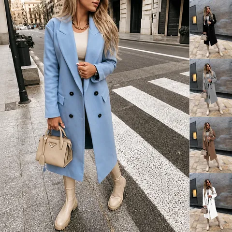 Women Notched Lapel Double Breasted Woolen Coat Long Sleeve Solid Color Mid-Long Overcoat Autumn Winter British Style Top