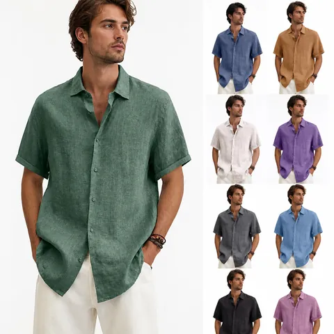 Camisa Casual de Mezcla de Algodón para Hombre Verano Cuello en V Manga Corta con Botones Ajuste Holgado Color Sólido Top Moda