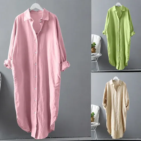 Camicetta da Donna Oversize a Media Lunghezza in Misto Cotone e Acetato a Maniche Lunghe Monopetto Casual Tinta Unita Con Tasche
