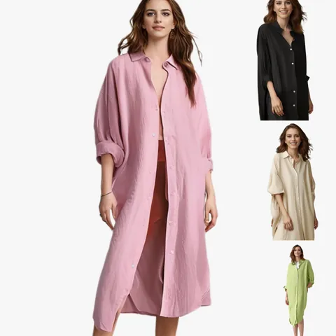 Camicetta da Donna Oversize a Media Lunghezza in Misto Cotone e Acetato a Maniche Lunghe Monopetto Casual Tinta Unita Con Tasche