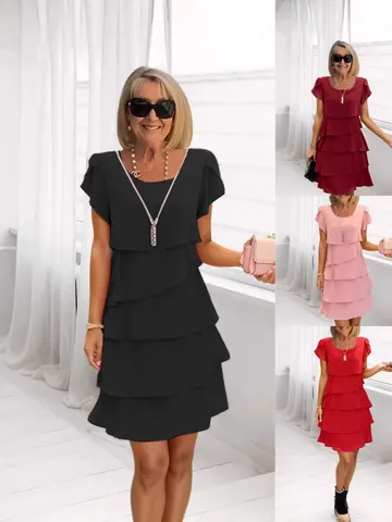 Women Elegant Solid Color Tiered Midi Dress Summer Short Sleeve Round Neck Loose Cake Layer Dress For Banquet Party Casual Daily