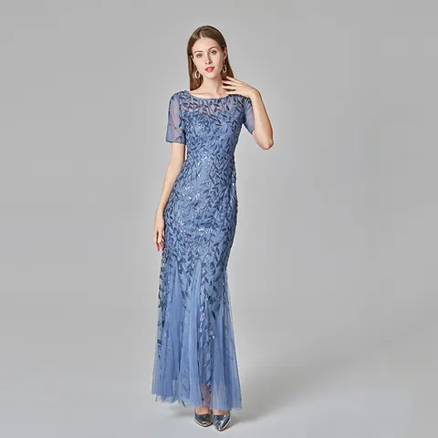 Women Elegant Mesh Sequin Mermaid Evening Dress Slim Fit Embroidered Floral Short Sleeve Banquet Party Maxi Gown