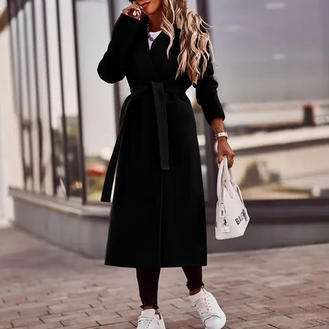 Women Elegant V-Neck Long Sleeve Woolen Coat With Tie-Waist Fall Winter Solid Color Stitching Extra Longline Outerwear Top
