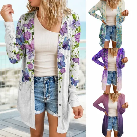 Copricostume Cardigan Lungo da Donna Stampa Fiori e Farfalle Manica Lunga con Bottoni Top Aperto Davanti per Taglie Forti Casual Vacanza Streetwear
