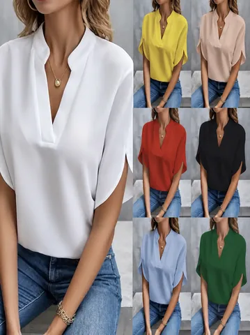 Women's Summer Casual V-Neck Short Sleeve Polyester Blouse Elegant Solid Color Loose Top With Split Sleeve Commuting Shirt
