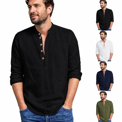 Men's Casual Long Sleeve Henley Shirt Stand Collar Cotton Blend Linen Texture Solid Color Comfortable Breathable Shirt Top