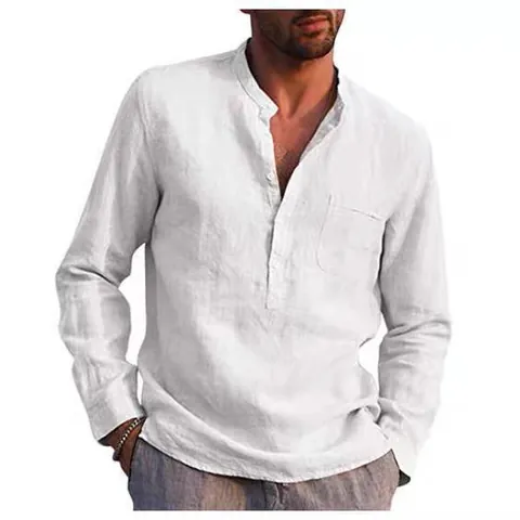 Men Linen Shirt Long Sleeve Henley V Neck Casual Beach Shirt Loose Top Solid Color Breathable Summer Top For Men