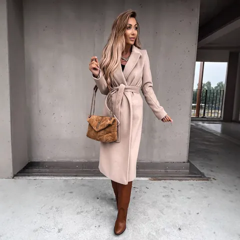 Elegant Women Long Woolen Coat Autumn Winter Lapel V-Neck Tie-Waist Belted Overcoat Outwear Fashion Commute Trench Jacket