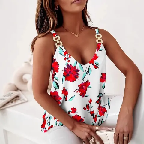 Women Summer Sleeveless Tank Top Gold Chain Strap V Neck Baroque Geometric Floral Print Elegant Commuting Camisole Top