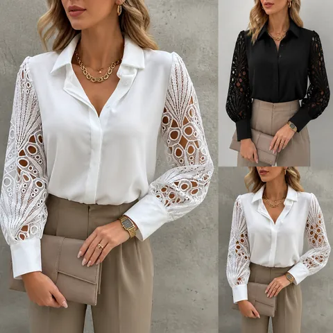 Women's Casual Polyester Embroidered Lace Patchwork Long Sleeve Shirt Elegant Single Breasted Button Down Blouse Top
