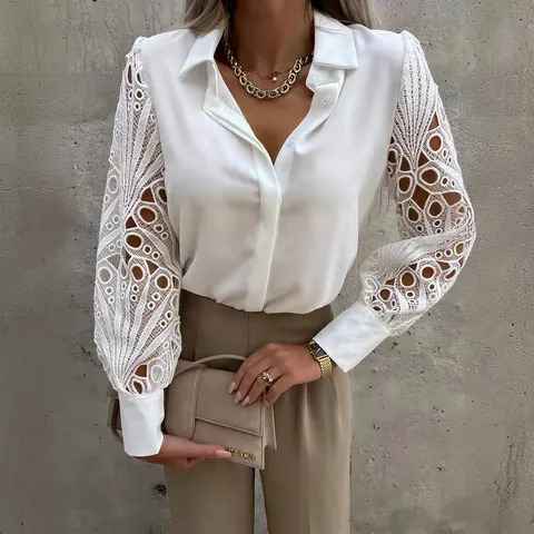Women's Casual Polyester Embroidered Lace Patchwork Long Sleeve Shirt Elegant Single Breasted Button Down Blouse Top