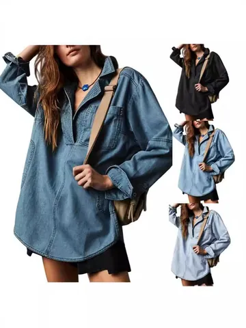 Giacca di Jeans da Donna con Scollo a V Manica Lunga Vestibilità Larga Casual Lavata Shacket Tinta Unita Camicia Moda Capispalla