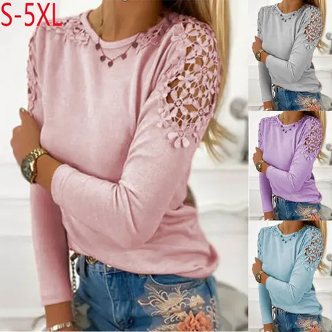 Women's Slim Fit Long Sleeve Polyester T-Shirt With Lace Hollow Patchwork Solid Color Round Neck Top