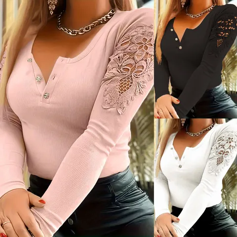 Women Slim Fit Long Sleeve T-Shirt Lace Hollow Out Patchwork Henley Neck Polyester Spandex Solid Color Casual Top
