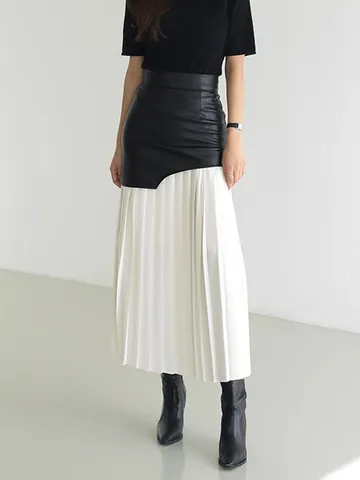 British Style Women High Waist Patchwork Pleated Long Skirt Elegant Contrast Color Chic Autumn Fashion Bottom A-Line Skirt