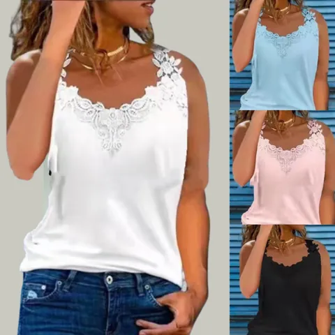 Damen Sommer Ärmellos Spitzenbesatz Camisole Polyester Lässig V-Ausschnitt Genäht Tank Top Für Damen Sexy Alltag
