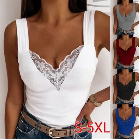 Damen Übergröße Spitze Camisole Sexy V-Ausschnitt Ärmelloses Tank Top Mode Lässig Gerippt Polyester Sommer Top And Bottom