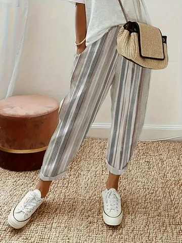 Women's Casual Striped Printed Pants Loose Straight Leg Trousers Cuffed Hem Polyester Bottoms For Daily Travel