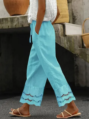 Women Casual Elastic Waist Cropped Pants Summer Hollow Lace Splicing Solid Color Straight Leg Bottom For Daily Vacation