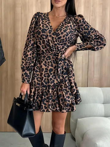 Women V Neck Leopard Print Mini Dress Long Puff Sleeve Lace Up Ruffle Hem Polyester Sexy Party Elegant Short Dress