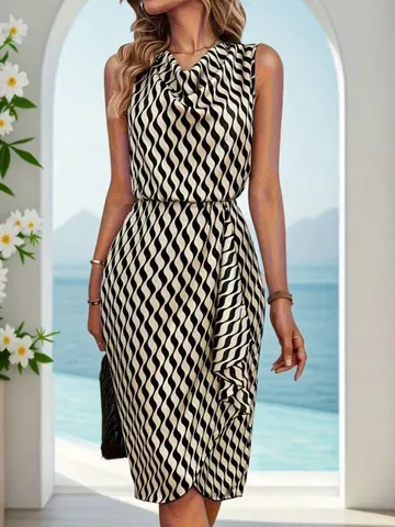 Women Cowl Neck Sleeveless Wavy Striped Midi Dress Sexy Slim Fit Backless Wrap Party Clubwear Summer Beach Sundress
