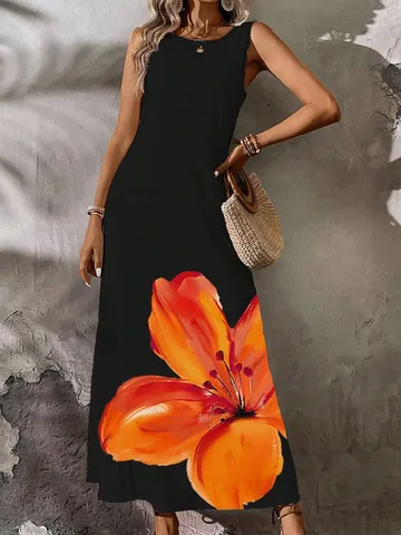 Women Summer Sleeveless V-Neck Maxi Dress Polyester Elegant 3D Floral Print High Waist Long Dress Vacation Casual Top And Bottom
