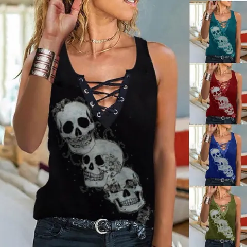 Women Sexy Lace Up V Neck Sleeveless Tank Top Gothic Skull Print Polyester Casual Summer Top Fashion Sleeveless Tee