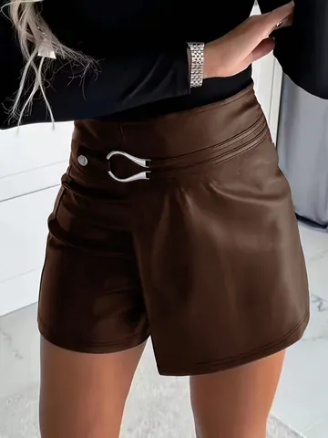 Women Sexy High Waist PU Leather Skorts With Metal Buckle Solid Color Slim Fit Spliced Leather Shorts For Daily Party Wear