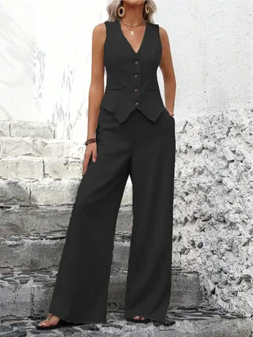 Women Top And Bottom Fashion Sleeveless Vest And High Waist Wide Leg Pants Set Polyester Crinkled Casual Commuter Outfit