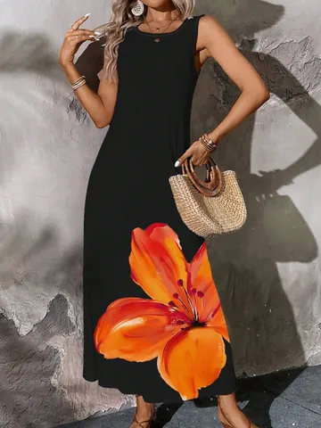 Women Summer Sleeveless V-Neck Maxi Dress Polyester Elegant 3D Floral Print High Waist Long Dress Vacation Casual Top And Bottom