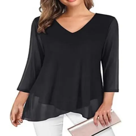 Women Elegant V Neck Asymmetric Hem Pullover T Shirt Slim Fit Long Sleeve Double Layer Top Polyester Spandex Casual Blouse