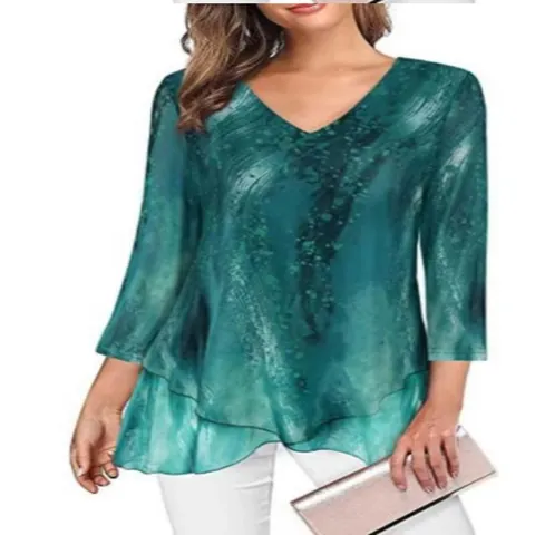 Women Elegant V Neck Asymmetric Hem Pullover T Shirt Slim Fit Long Sleeve Double Layer Top Polyester Spandex Casual Blouse