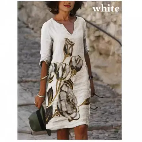 Women Casual V-Neck Midi Dress Half Sleeve Floral Polka Dot Print Bohemian Style Polyester A-Line Dress For Summer Vacation