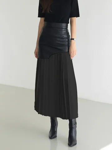 British Style Women High Waist Patchwork Pleated Long Skirt Elegant Contrast Color Chic Autumn Fashion Bottom A-Line Skirt