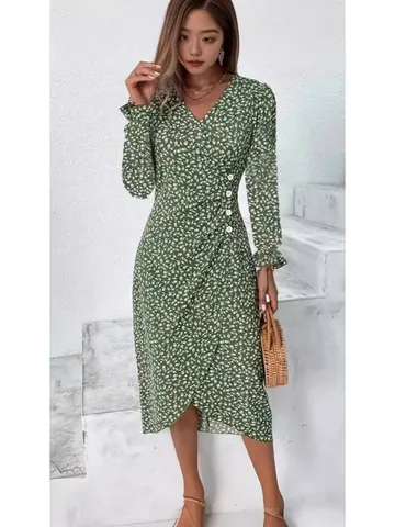 Women V-Neck Floral Print Puff Long Sleeve Irregular Hem Midi Dress Elegant Pullover Boho Sweet Button Decoration A-Line Dress