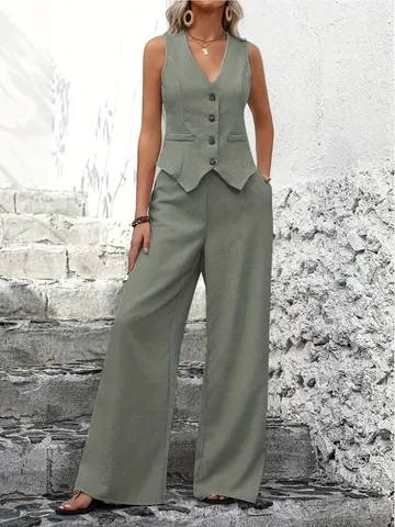 Women Top And Bottom Fashion Sleeveless Vest And High Waist Wide Leg Pants Set Polyester Crinkled Casual Commuter Outfit