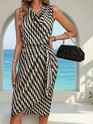 Women Cowl Neck Sleeveless Wavy Striped Midi Dress Sexy Slim Fit Backless Wrap Party Clubwear Summer Beach Sundress