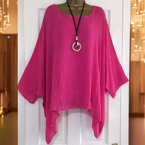 Women's Casual Polyester T-Shirt Solid Color Hollow Out Irregular Hem Round Neck Top Three-Quarter Sleeve Loose Fit Shirt
