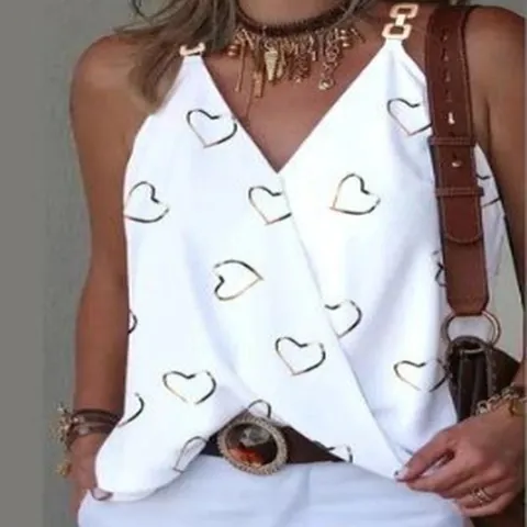 Women's Summer V-Neck Polyester Vest Top with Metal Buckles Printed Sleeveless Casual Top for Vacation Daily Wear