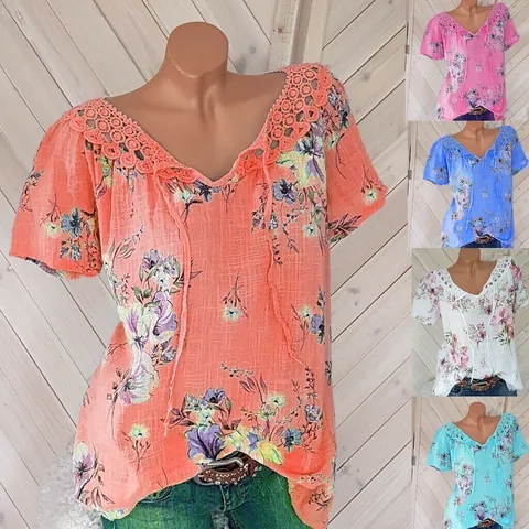 Γυναικείο T-Shirt με Λαιμόκοψη V Δαντελωτό Τελείωμα Φλοράλ Εκτύπωση Κοντό Μανίκι Casual Boho Πολυεστερικό Top Καλοκαιρινό