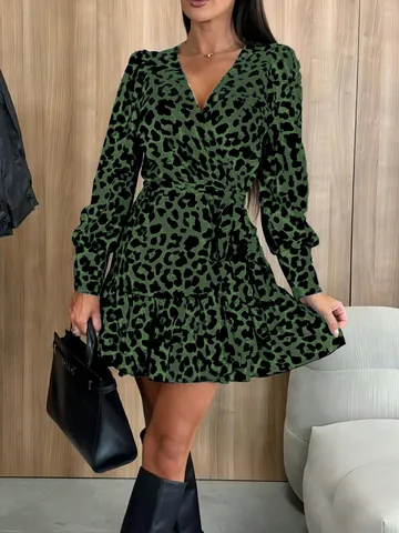 Women V Neck Leopard Print Mini Dress Long Puff Sleeve Lace Up Ruffle Hem Polyester Sexy Party Elegant Short Dress