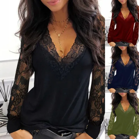 Women V Neck Lace Patchwork T-Shirt Elegant See Through Long Sleeve Top Polyester Casual Splicing Blouse Female Clothing