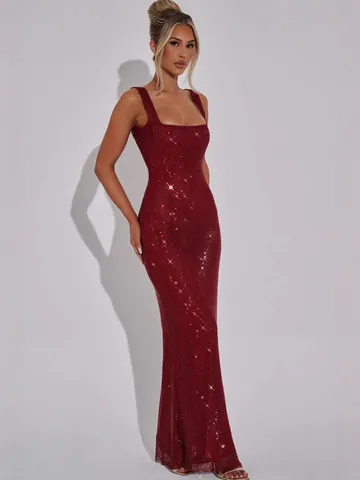 Damen Sexy Pailletten Mesh Strass Maxi Kleid Slim Bodycon Abendkleid Formelle Party Bankett Elegantes Ärmelloses Kleid
