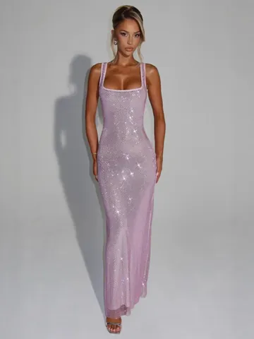 Damen Sexy Pailletten Mesh Strass Maxi Kleid Slim Bodycon Abendkleid Formelle Party Bankett Elegantes Ärmelloses Kleid