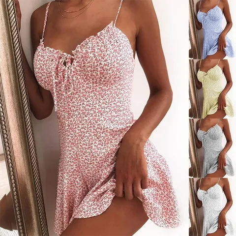 Robe Mini Cami Sexy à Imprimé Floral pour Femmes Été Bretelles Spaghetti Volants Col en V Cordon de Serrage Robe Slim Fit Coupe en A Sans Manches Robe Soleil Décontracté Vacances Plage